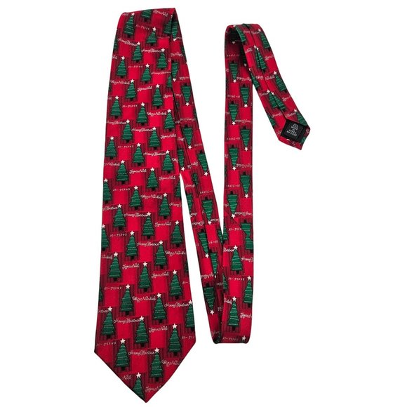 Hallmark Holiday Traditions Mens Neck Tie Silk Christmas Tree Holiday Red - Picture 6 of 7